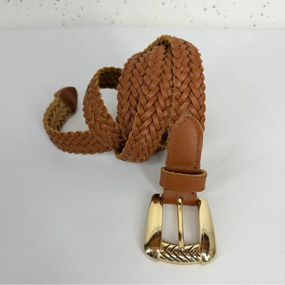 Chic Women’s Size XL Carmel Brown Braided Leather Belt Gold Hardware